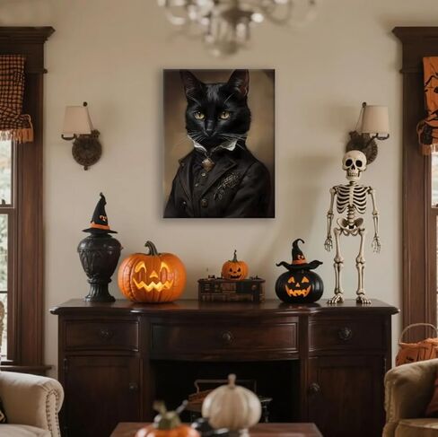 Black Cat Canvas Framed Wall Art Poster 11.5x15 Inch - Gothic Bathroom Decor, Dark Academia Home & Room Wall Decor Posters for Apartment, Cat Lover Gifts, Halloween Decorations in Saudi Arabia