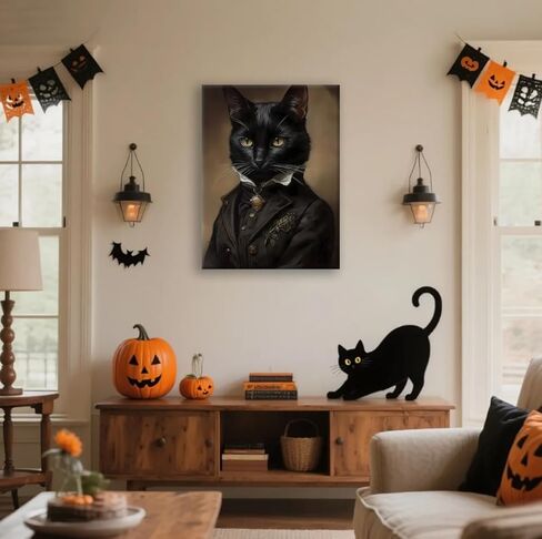 Black Cat Canvas Framed Wall Art Poster 11.5x15 Inch - Gothic Bathroom Decor, Dark Academia Home & Room Wall Decor Posters for Apartment, Cat Lover Gifts, Halloween Decorations in Saudi Arabia