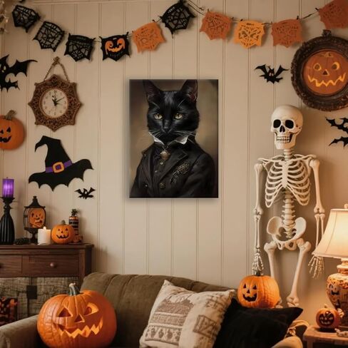 Black Cat Canvas Framed Wall Art Poster 11.5x15 Inch - Gothic Bathroom Decor, Dark Academia Home & Room Wall Decor Posters for Apartment, Cat Lover Gifts, Halloween Decorations in Saudi Arabia
