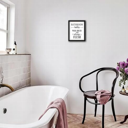 Funny Bathroom Wall Art Framed Bathroom Rules Wall Decor 8x10 Inches, Black and White Toilet Rules Wash Brush and Always Flush Canvas picture prints Essential Restroom Decor for Bathroom and Home in Saudi Arabia