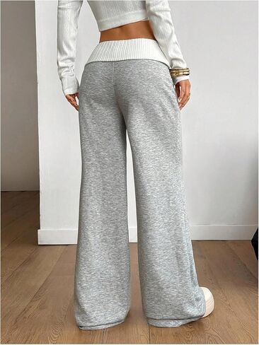 Verdusa Women's Fold Over Baggy Pants Athletic Wide Leg Sweatpants Fitness Clothing Lightweight Bell Bottoms in Saudi Arabia