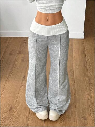 Verdusa Women's Fold Over Baggy Pants Athletic Wide Leg Sweatpants Fitness Clothing Lightweight Bell Bottoms in Saudi Arabia