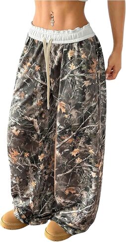 SOLY HUX Women's Camo Pants Drawstring Elastic Waist Vintage Maple Leaf Print Baggy Wide Leg Pants Streetwear in Saudi Arabia