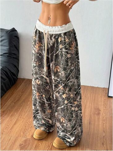 SOLY HUX Women's Camo Pants Drawstring Elastic Waist Vintage Maple Leaf Print Baggy Wide Leg Pants Streetwear in Saudi Arabia