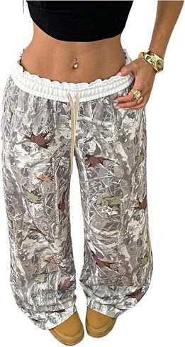 SOLY HUX Women's Camo Pants Drawstring Elastic Waist Vintage Maple Leaf Print Baggy Wide Leg Pants Streetwear in Saudi Arabia