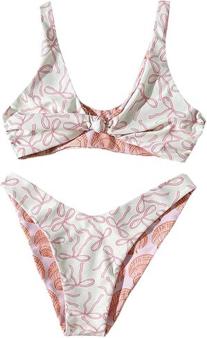 WDIRARA Women's Twist Front 2 Piece Bikini Set Bow Print Reversible Thong Swimsuits in Saudi Arabia