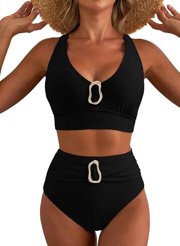 Herseas Women's High Waisted Bikini Sets Crisscross Back Swimsuit V Neck Metal Ring 2026 Summer Bathing Suit Beachwear in Saudi Arabia