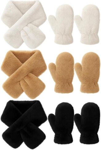 6 Pcs Winter Fur Collar Scarf Fur Mittens for Women Solid Color Faux Warm Soft Furry Wrap Scarf and Mittens in Saudi Arabia