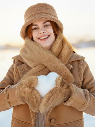 6 Pcs Winter Fur Collar Scarf Fur Mittens for Women Solid Color Faux Warm Soft Furry Wrap Scarf and Mittens in Saudi Arabia