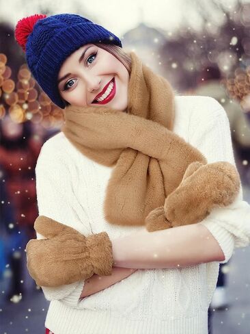 6 Pcs Winter Fur Collar Scarf Fur Mittens for Women Solid Color Faux Warm Soft Furry Wrap Scarf and Mittens in Saudi Arabia