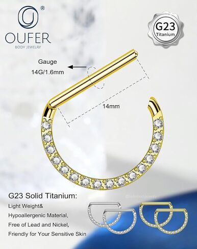 OUFER G23 حلقات حلمة من التيتانيوم، مجوهرات ثقب الحلمة على شكل D، 14G Clicker Septum Daith مجوهرات ثقب الجسم للنساء والرجال in Kuwait