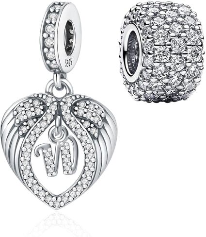 2 حزمة 925 الفضة الاسترليني القلب أجنحة حرف A-Z سحر لأساور باندورا والقلائد، مع تمهيد مجموعة مكعب زركونيا الخرزة سحر، هدية مجوهرات للنساء in Kuwait