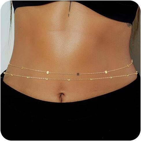 1PCS/2PCS Gold Waist Chain for Women - Adjustable Belly Chain Jewelry Accessories for Sexy Bikini, Waterproof Layered Summer Body Belt Chains for Beach, Party, 26.7"+9.8" Extender in Saudi Arabia