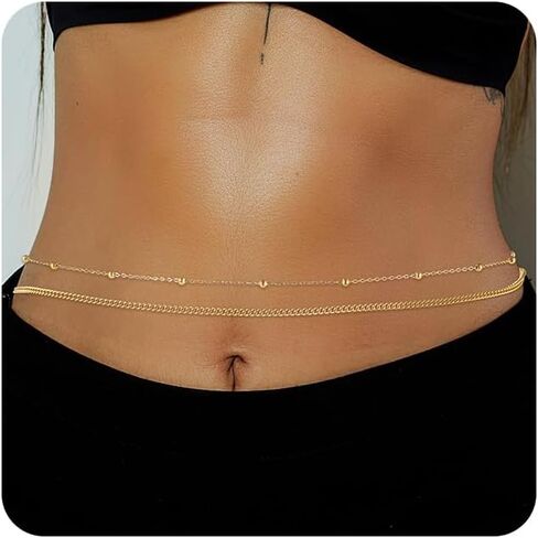1PCS/2PCS Gold Waist Chain for Women - Adjustable Belly Chain Jewelry Accessories for Sexy Bikini, Waterproof Layered Summer Body Belt Chains for Beach, Party, 26.7"+9.8" Extender in Saudi Arabia