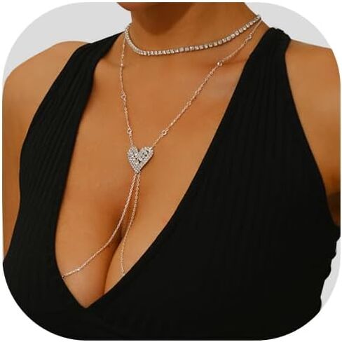 Rhinestone Necklace Sexy Non Piercing Nipple Jewelry Summer Beach Heart-ShapedChest Body Chain Crystal Nipple Body Accessories Jewelry for Women in Saudi Arabia