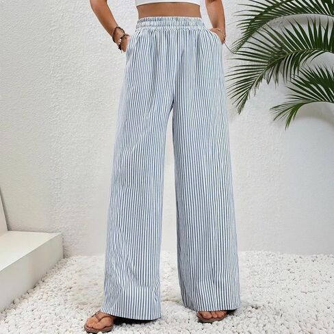 Women's Linen Loose Vertical Stripe Straight Leg Plants Mid Waist Elastic Waist Flowy Casual Versatile Trousers in Saudi Arabia