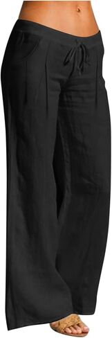 Womens Linen Pants Breathable Elastic Drawstring Low Rise 2026 Spring Beach Vacation Clothes for Women Summer Fashion in Kuwait
