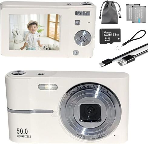 Compact HD Digital Camera 50MP 16x ZOOM عالية الدقة 1080 بكسل واطلاق النار على بطاقة ذاكرة 32 جيجابايت وبطاريتين ، كاميرا ممتعة للبنين فتيات الطلاب المبتدئين وعطلة عيد ميلاد (أسود) in Kuwait