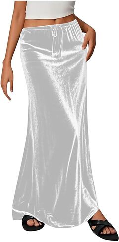 Women's Velvet Maxi Skirt Drawstring Elastic High Waist Skirts Fall Winter A-Line Party Long Skirts Dressy Outfits in Saudi Arabia