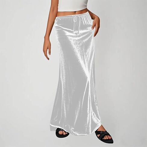 Women's Velvet Maxi Skirt Drawstring Elastic High Waist Skirts Fall Winter A-Line Party Long Skirts Dressy Outfits in Saudi Arabia