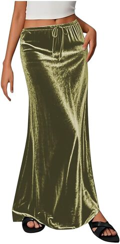 Women's Velvet Maxi Skirt Drawstring Elastic High Waist Skirts Fall Winter A-Line Party Long Skirts Dressy Outfits in Saudi Arabia