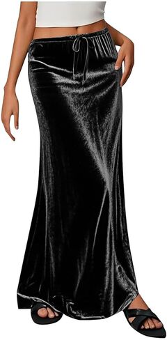 Women's Velvet Maxi Skirt Drawstring Elastic High Waist Skirts Fall Winter A-Line Party Long Skirts Dressy Outfits in Saudi Arabia