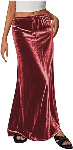 Women's Velvet Maxi Skirt Drawstring Elastic High Waist Skirts Fall Winter A-Line Party Long Skirts Dressy Outfits in Saudi Arabia