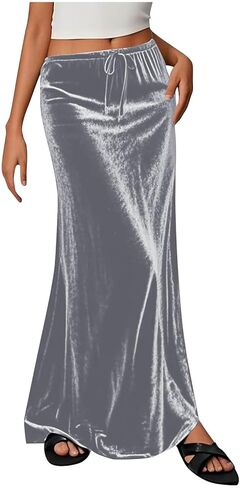 Women's Velvet Maxi Skirt Drawstring Elastic High Waist Skirts Fall Winter A-Line Party Long Skirts Dressy Outfits in Saudi Arabia