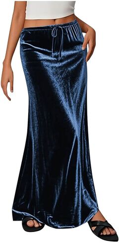 Women's Velvet Maxi Skirt Drawstring Elastic High Waist Skirts Fall Winter A-Line Party Long Skirts Dressy Outfits in Saudi Arabia