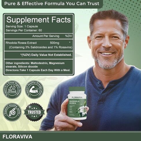 Floraviva Rhodiola Rosea Capsules 500mg - Natural Adaptogen Supplement for Stress Support, Mental Focus & Energy - Non-GMO in Saudi Arabia