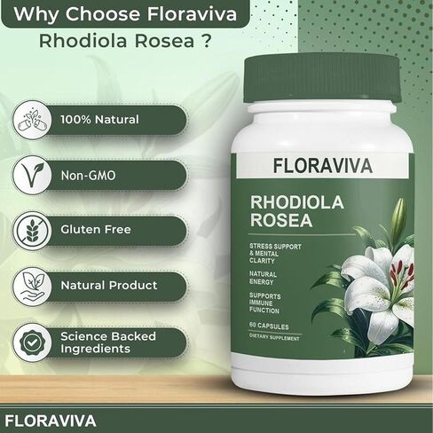 Floraviva Rhodiola Rosea Capsules 500mg - Natural Adaptogen Supplement for Stress Support, Mental Focus & Energy - Non-GMO in Saudi Arabia