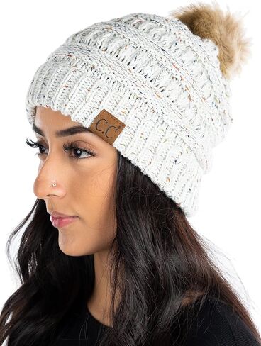 Funky Junque Women's Knit Pom Beanie Hat: Confetti - Ivory (Faux Fur Pom) in Saudi Arabia