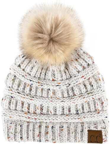 Funky Junque Women's Knit Pom Beanie Hat: Confetti - Ivory (Faux Fur Pom) in Saudi Arabia