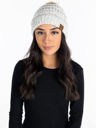 Funky Junque Women's Knit Pom Beanie Hat: Confetti - Ivory (Faux Fur Pom) in Saudi Arabia