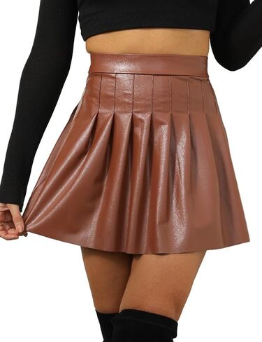 Sexy Skirts for Women Faux Leather A-Line High Waist Flared Skater Pleated Mini Skirt in Saudi Arabia