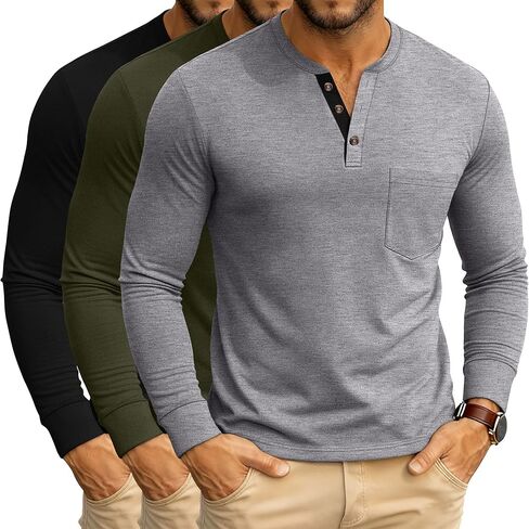 Riyiper 3 Pack Men's Long Sleeve Henley Shirts with Pocket Slim Fit Round Neck Casual Tops with Button Basic Tee in Kuwait