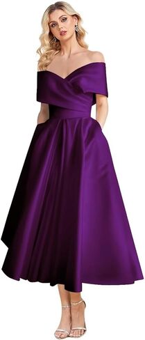 Women's Off Shoulder Wedding Dress for Bride Tea Length A Line Satin Formal Prom Dresses with Pockets in Saudi Arabia