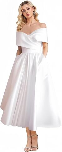 Women's Off Shoulder Wedding Dress for Bride Tea Length A Line Satin Formal Prom Dresses with Pockets in Saudi Arabia