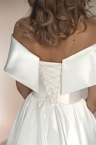 Women's Off Shoulder Wedding Dress for Bride Tea Length A Line Satin Formal Prom Dresses with Pockets in Saudi Arabia