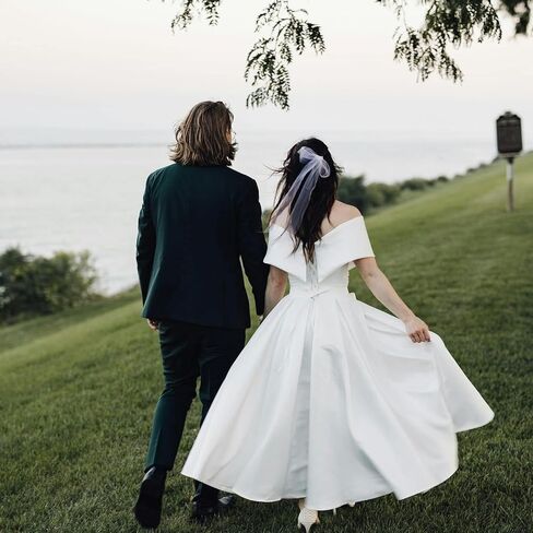 Women's Off Shoulder Wedding Dress for Bride Tea Length A Line Satin Formal Prom Dresses with Pockets in Saudi Arabia