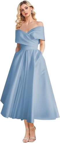 Women's Off Shoulder Wedding Dress for Bride Tea Length A Line Satin Formal Prom Dresses with Pockets in Saudi Arabia