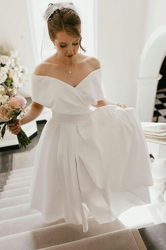 Women's Off Shoulder Wedding Dress for Bride Tea Length A Line Satin Formal Prom Dresses with Pockets in Saudi Arabia