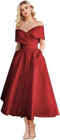 Women's Off Shoulder Wedding Dress for Bride Tea Length A Line Satin Formal Prom Dresses with Pockets in Saudi Arabia