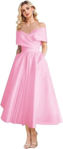 Women's Off Shoulder Wedding Dress for Bride Tea Length A Line Satin Formal Prom Dresses with Pockets in Saudi Arabia