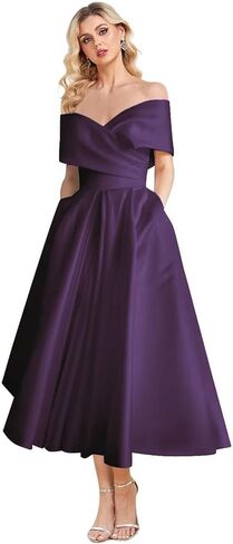 Women's Off Shoulder Wedding Dress for Bride Tea Length A Line Satin Formal Prom Dresses with Pockets in Saudi Arabia