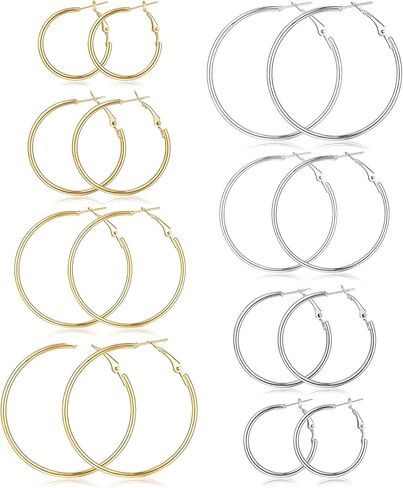 8 Pairs Gold Silver Hoop Earrings for Women, Hypoallergenic Stainless Steel Two Tone hoop earrings set, Lightweight Earrings Hoops for Women 4 Sizes (30/40/50/60mm) in Saudi Arabia