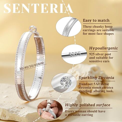 Senteria 6MM واسعة الاسترليني الفضة آخر هوب الأقراط هيبوالرجينيك سباركلي مكعب زركونيا 14K الذهب مطلي سميكة هوب أقراط خفيفة الوزن كبيرة هوب أقراط للنساء هدية 30/40/50MM in Kuwait