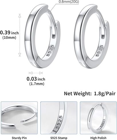 SILVERCUTE 925 الفضة الاسترليني Huggie هوب الأقراط للنساء، هيبوالرجينيك الأقراط الصغيرة خفيفة الوزن الفضة / 14K الذهب الأطواق الغضروف الأقراط للنساء، 8/10/12mm in Kuwait