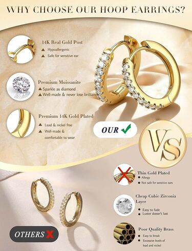 Jstyle 14K Gold Hoop Earrings for Women Hypoallergenic 14K Gold Post Earrings Lightweight Small Hoop Earring for Women With Moissanite Huggie Hoops Earring 10/12/14mm in Saudi Arabia