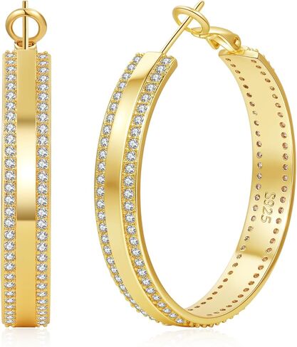 Senteria 6MM واسعة الاسترليني الفضة آخر هوب الأقراط هيبوالرجينيك سباركلي مكعب زركونيا 14K الذهب مطلي سميكة هوب أقراط خفيفة الوزن كبيرة هوب أقراط للنساء هدية 30/40/50MM in Kuwait